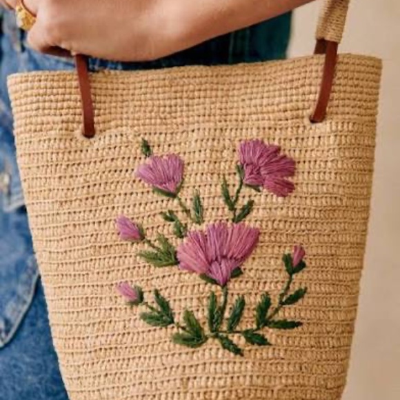 Sezane JOSIE Raffia Bag  "Peonies" NWOT - Picture 8 of 10